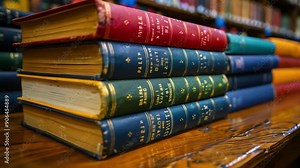 A stack of study guides and textbooks sits on a wooden shelf in a library, with other books visible in the background.