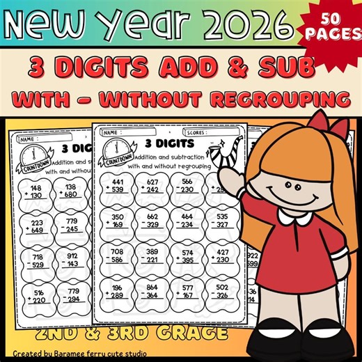 New Year 3 Digit Addition and Subtraction With Regrouping, 50 Pages Math Practice Worksheets, Grade 2 Grade 3 Math Drills, Printable PDF - Etsy