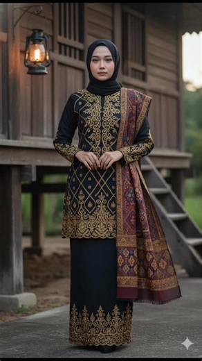 Gadis melayu ❤️ Prompt Foto : Potret sinematik, ultra-realistis, full body seorang wanita Melayu. Gunakan wajah dari gambar yang diunggah. Wanita tersebut berdiri tegak dengan anggun, mengenakan busana Melayu hitam megah dengan sulaman songket emas yang sangat detail. Ia memakai bawal tudung hitam yang rapi dan selendang tradisional batik Melayu tersampir elegan di bahunya. Latar belakang: Senja di depan rumah kayu tradisional Melayu. Pencahayaan: Sinematik lembut, diterangi oleh cahaya api lent