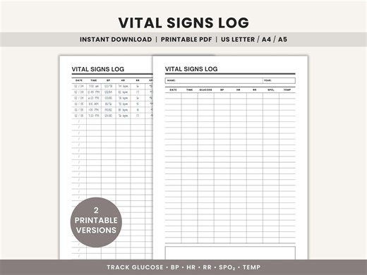 Vital Signs Log Printable Vitals Tracker Nursing Notes Sheet Blood Pressure, Heart Rate, Glucose, Temperature Tracker, Medical Binder PDF - Etsy