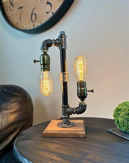 Industrial Pipe Table Lamp With Duel Edison Bulbs- Handmade Steampunk, Rustic Wood Base, Vintage Industrial Desk Lamp - Etsy