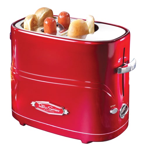 Open Box Nostalgia Retro Hot Dog Toaster Oven and Bread Toaster with Mini Tongs, Red