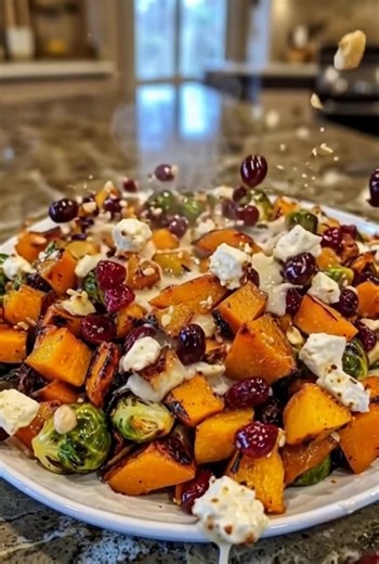 Cranberry-Glazed Roasted Butternut Squash, Brussels Sprouts, and Sweet Potato Salad with Cranberries and Goat Cheese | Mediterranean Diet & Recipes For Beginners