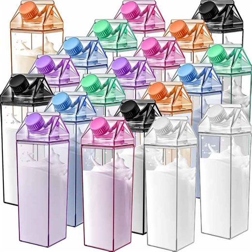 500/1000ML Clear Milk Carton Water Bottles Bulk Plastic Square Milk Bottles Portable Reusable Milk Box Leakproof Cup for Outdoor