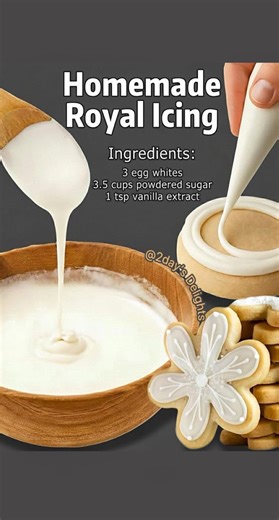 DIY ROYAL ICING: You’ll need: - 3 egg whites - 3.5 to 4 cups powdered sugar (450g) - 1 tsp vanilla extract Steps: 1. Beat egg whites on medium-low until frothy (about 1 min). 2. Slowly mix in sugar and vanilla on low speed. Once combined, beat on medium-high until stiff, glossy peaks form. 3. Divide and color if you like. Keep unused icing covered, it dries fast. 4. Pipe and decorate! #sugarcookies #icingcookies #icing #royalicing #frosting #dessertideas #cake #cookies | 2day’s Delights