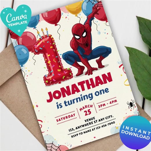 Editable Spiderman 1st Birthday Invitation | Marvel Superhero Party Invite | Avengers Invitation | Instant Download | Canva Template