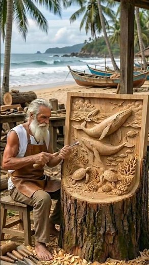 Master Wood Carving: Ocean Life Sculpture Hand-Carved from a Tree Trunk