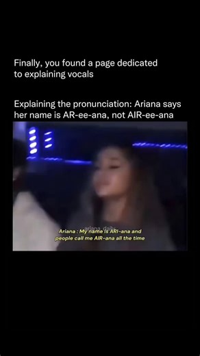 Explaining Vocals | Why Voices Hit on Instagram: "Ariana Grande’s name has been mispronounced for most of her career, despite her repeatedly clarifying how it’s actually said. Many people pronounce her name as AIR-ee-ana, but Ariana herself has confirmed that the correct pronunciation is AR-ee-ana Grande. The confusion largely comes from regional accents and how the name is commonly spoken in North America, where the softer “air” sound feels more natural to many English speakers. Interestingly, 