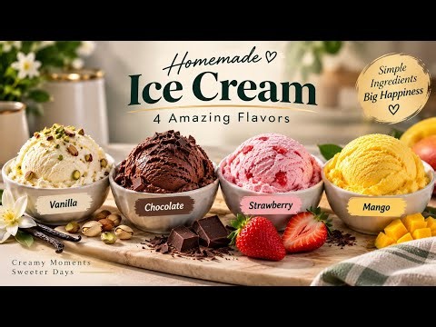 4 Flavors Homemade Ice Cream 🍦 | Vanilla, Chocolate, Strawberry & Mango | No Machine
