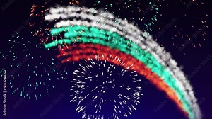 Animated holiday bulgaria banner template. Fireworks bulgarian flag on dark sky background. Bulgarian national holiday. Fireworks bulgaria flag. Place for text, copy space. Animated greeting card
