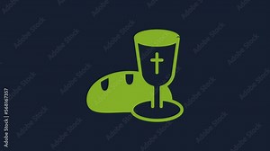 Yellow Goblet and bread icon isolated on blue background. Bread and wine cup. Holy communion sign. 4K Video motion graphic animation