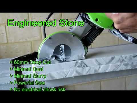 Engineered stone cutting with prototype Guarda saw for silica dust control