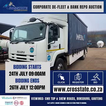 Trucks, Trailers, Construction Equipment, Agricultural Equipment and more all on auction this month!! Corporate De-Fleet & Bank Repo Auction this July!! Auction opens: 24th July @ 09:00am Auction closes: 26th July @ 12:00pm Viewing Dates: Mon 17th July - Wed 26th July Location: Corner Top Rd & Skews Rd, Boksburg, Visit www.crosstate.co.za for more info. 📞 011 894 7366 - General terms of sale (Available on website) - FICA docs required on bank assets - R20,000 refundable registration deposit (EF