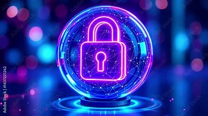 A glowing digital padlock icon encapsulated in a vibrant sphere, symbolizing cybersecurity and protection