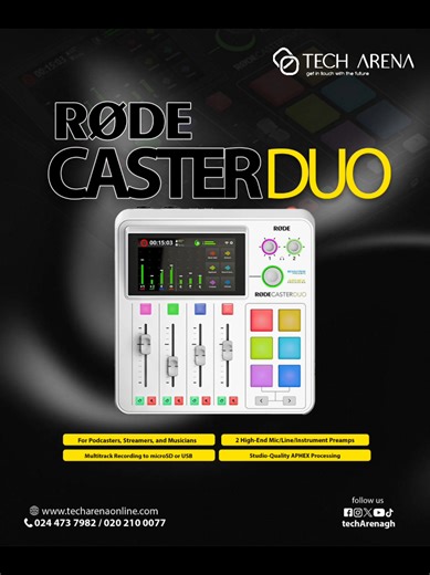 RodeCaster Duo Designed to elevate your podcasting, and your streaming, music-making, and content creation, the black RODECaster Duo from RODE is a compact and powerful all-in-one audio production solution that delivers all the same revered features and versatility of the RODECaster Pro II in a smaller, more portable form factor. Perfect for those who require fewer audio inputs and a more travel-friendly design, the RODECaster Duo sacrifices none of the qualities or functionalities of its larger