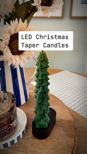 These Christmas tree taper candles are such a pretty   simple holiday decoration. #ChristmasDecor #HolidayVibes #TaperCandles #ledcandles