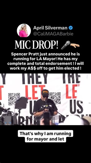 April Silverman - Political & Pop Culture Commentator 🇺🇸 🎙️ on Instagram: "BREAKING 🚨: Spencer Pratt announcing he is running for Mayor of Los Angeles on the one year anniversary of the Pacific Palisades fire after Gavin Newsom and Karen Bass let them burn! Hold these Democrat traitors accountable and take California back! “This is not just a campaign. This is a mission. And we are going to expose the system!” IT’S SHOWTIME!! @spencerpratt has my complete and total endorsement. I’m going to