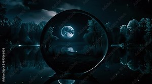 Mirror in a mystical forest reflecting the moon. The concept of fantasy and magic