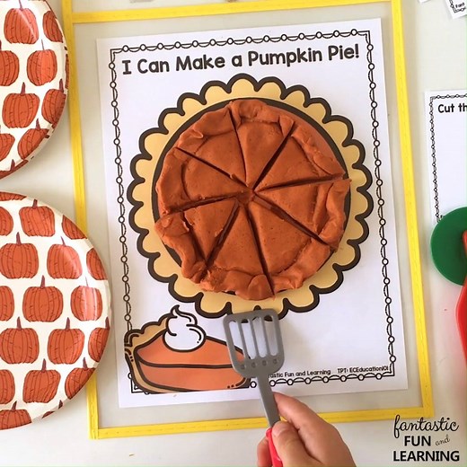 Pumpkin Pie Play Dough Fractions Introduce little bakers to fractions with amazingly scented pumpkin pie play dough invitation. Get the printable: https://www.fantasticfunandlearning.com/pumpkin-pie-play-dough-fractions-free-printable.html | Fantastic Fun and Learning