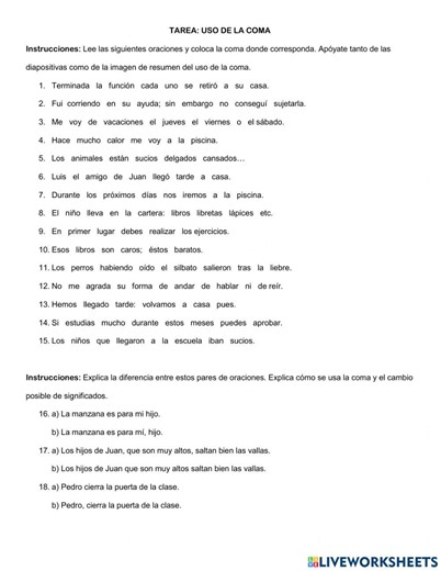 Ejercicios uso de la coma worksheet