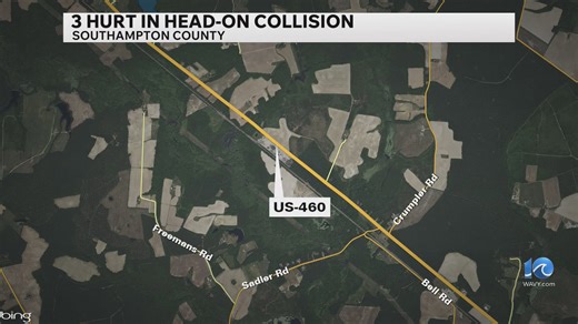 3 hurt in head-on collision in Southampton Co.