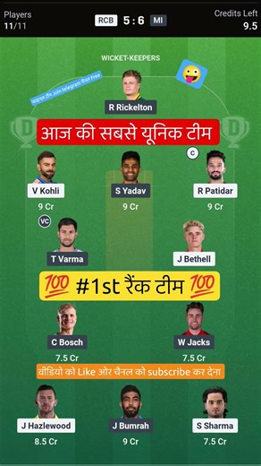 RCB VS MI T20 Dream11 Prediction | RCB VS MI Dream11 Team Of Today Match | RCB VS MI dream11