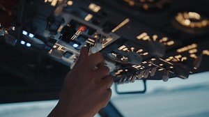 Hand of Airplane Pilot Using Control Panel in Plane Cockpit Close-Up. Aviator Using Technology in Aircraft Cabin to Flight Study. Ready Man Preparing to Fly Off Airport and Turning Switches Closeup 4k
