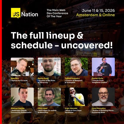 🗓️ The full lineup & schedule is uncovered! This year at JSNation, 50+ speakers covering AI-assisted coding, full-stack architecture, micro-frontends, WebMCP, observability, JS runtimes, tooling, and more.Hope to see you there!