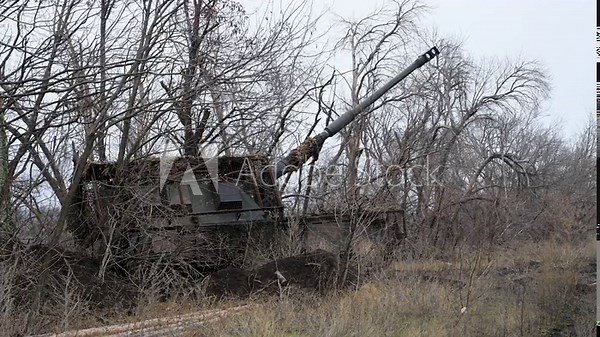 A Ukrainian PzH 2000 self-propelled howitzer is aimed and ready to fire from a concealed position. This German-made artillery is a key asset for striking Russian targets.