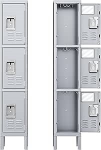 INTERGREAT Metal Lockers for Employees, 3 Door Storage Locker, Tall Steel Locker Cabinet for School, Office, Home, Gym, Kid Room, with Mirror (3-Tier，Grey)