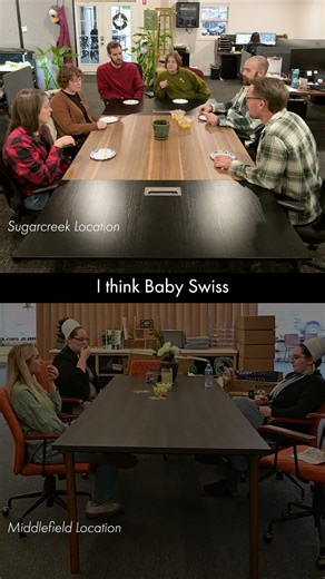 When the design teams unite, it's serious business… especially when cheese is involved. 🧀 Sugarcreek and Middlefield both weighed in on Guggisberg Cheese Baby Swiss and Ziller cheese. Ratings were given. Opinions were strong. More taste tests coming - and if you have any suggestions send them our way! #SchlabachPrinters #TasteTestSeries #GuggisbergCheese #OfficeCulture | Schlabach Printers