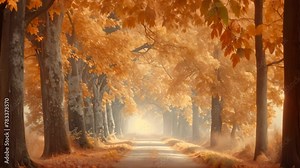 A photo capturing the vibrant fall colors of a tree-lined road, Autumn tree alley glowing in a soft pastel light, AI Generated