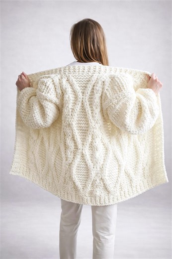 Ivory Chunky Cable Knit Cardigan, Oversized Hand Knitted Sweater - Etsy