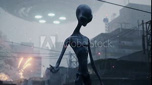 An alien stands in a ruined city against a backdrop of explosions and his spaceship. Aliens from space have attacked the city. The looped animation is ideal for apocalyptic, sci-fi, space backgrounds. Stock Video