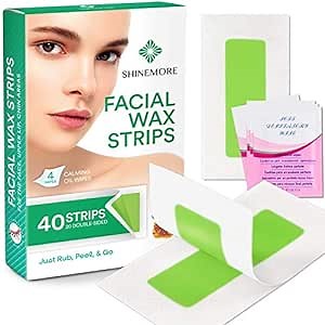 ShineMore Facial Wax Strips for Hair Removal - Hypoallergenic for All Skin Types - Gentle and Fast-Working for Face, Eyebrow, Upper Lip, and Chin (40 Strips + 4 Calming Oil Wipes NATURE Ingredients)