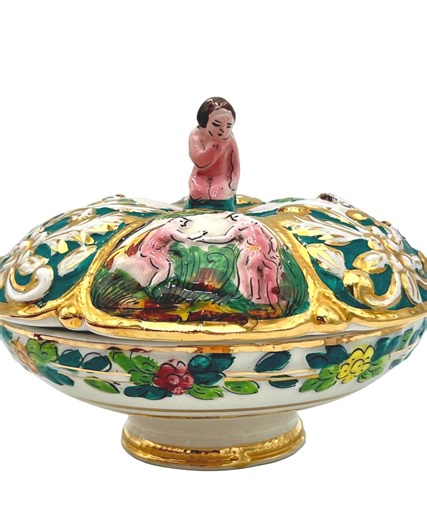 Vintage Italian Majolica Covered Dish – Hand-painted Adam & Eve Scenes – Gilded Baroque Detail – Deruta-style Ceramic Box - Etsy