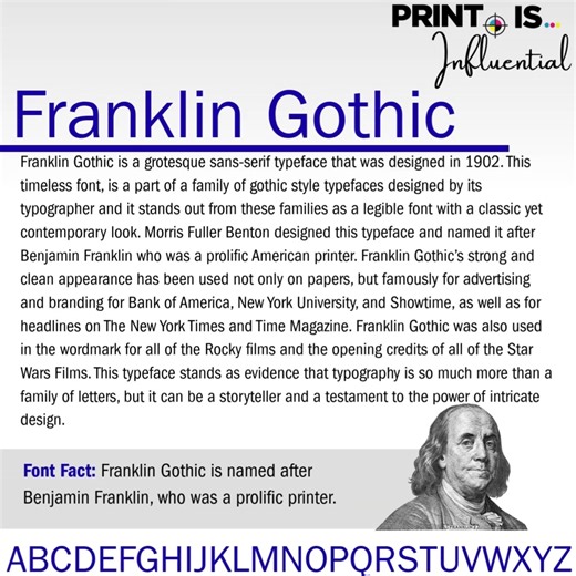 Happy Font Friday! This weeks font is... #FranklinGothic #BenjaminFranklin #Printingcarolinas #Printis #PICA #printisnotdead #font #fontstyle | PICA | Facebook