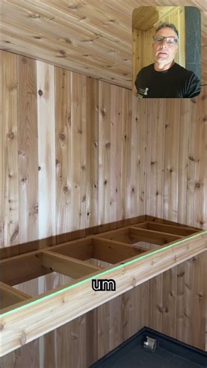 Top sauna bench is framed up! Cedar is the way to go with a sauna build #SaunaBuild #Cedar