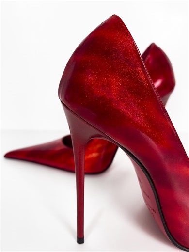 Red Patent Pearl Leather Extreme Pointy High Heels Pumps 1969 Made in Italy Z119