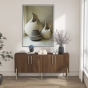 roomfitters Walnut Mid Century Modern TV Stand for TVs up to 65", Sideboard Buffet Cabinet for Living Room, Walnut Entertainment Center with Doors, Credenza Media Console with Storage, Gold Legs…