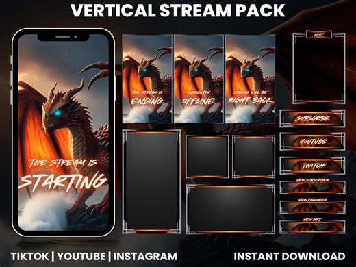 Vertical Dragon Stream Overlay | Fiery Orange Tiktok Overlay Set | Starting Soon Offline BRB Screens | Streaming Layout for Twitch & Youtube - Etsy