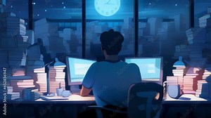 A cartoon character working late at night, surrounded by glowing computer screens and stacks of documents.