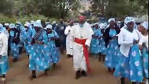 CWA from St. Benedict Parish welcoming our shepherds; Archbishop Philip Anyolo and Archbishop Emeritus, John Cardinal Njue minutes before celebrating the Family Day Mass of Ruaraka deanery | Archdiocese of Nairobi