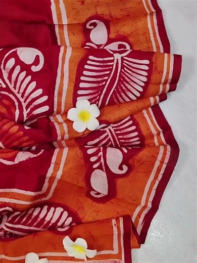 Red Orange Bishnupuri Silk Saree with Hand Batik Work