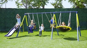 4 in 1 Swing Sets for Outside,kids Metal Swing Set with Saucer Swing,Climbing Rope,Basketball Hoop