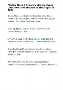 Florida Class D Security License Exam Questions and Answers Latest Update 2024