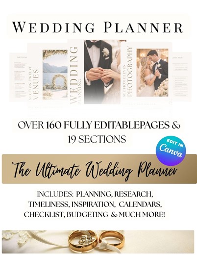 Editable Wedding Planner Template Canva   Printable PDF | Minimalist Bridal Planner | Wedding Checklist Budget Timeline | FREE Canva Guide - Etsy