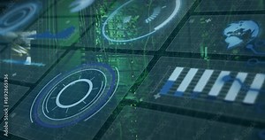 on startup interface pulsing radar sliding bars spinning ring globe rising streams visualizing data