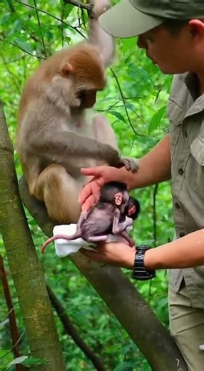 Wellcome new bebi monkey❤️👏 the man teach mom monkey how to take care her bebi #monkey #animal