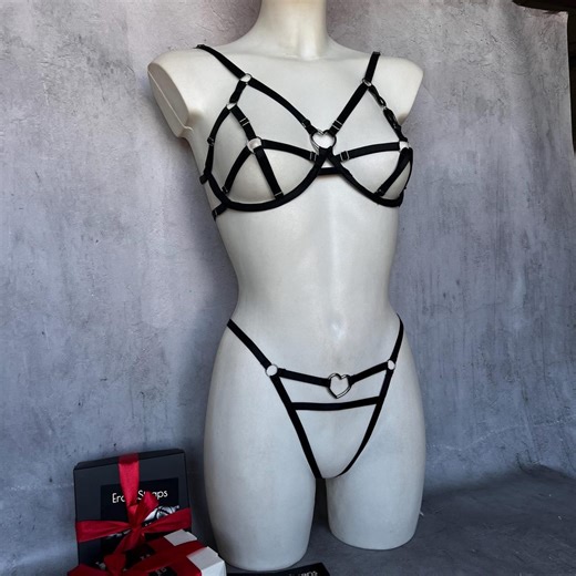 Strappy Cupless Bra Harness Set: Open Crotch Thong, Choker